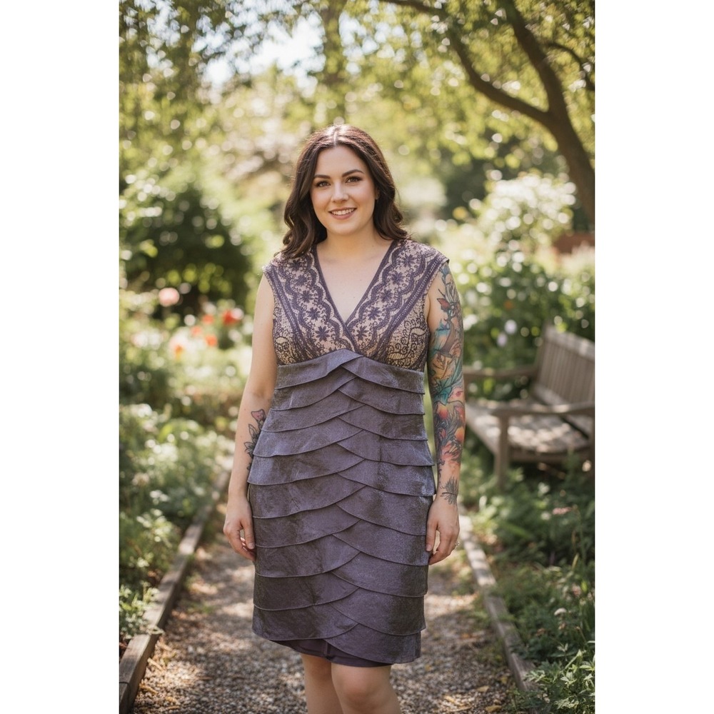Adrianna Papell Formal Midi Dress Lace‎ Wedding Guest Size 12 Mermaid Ruffles